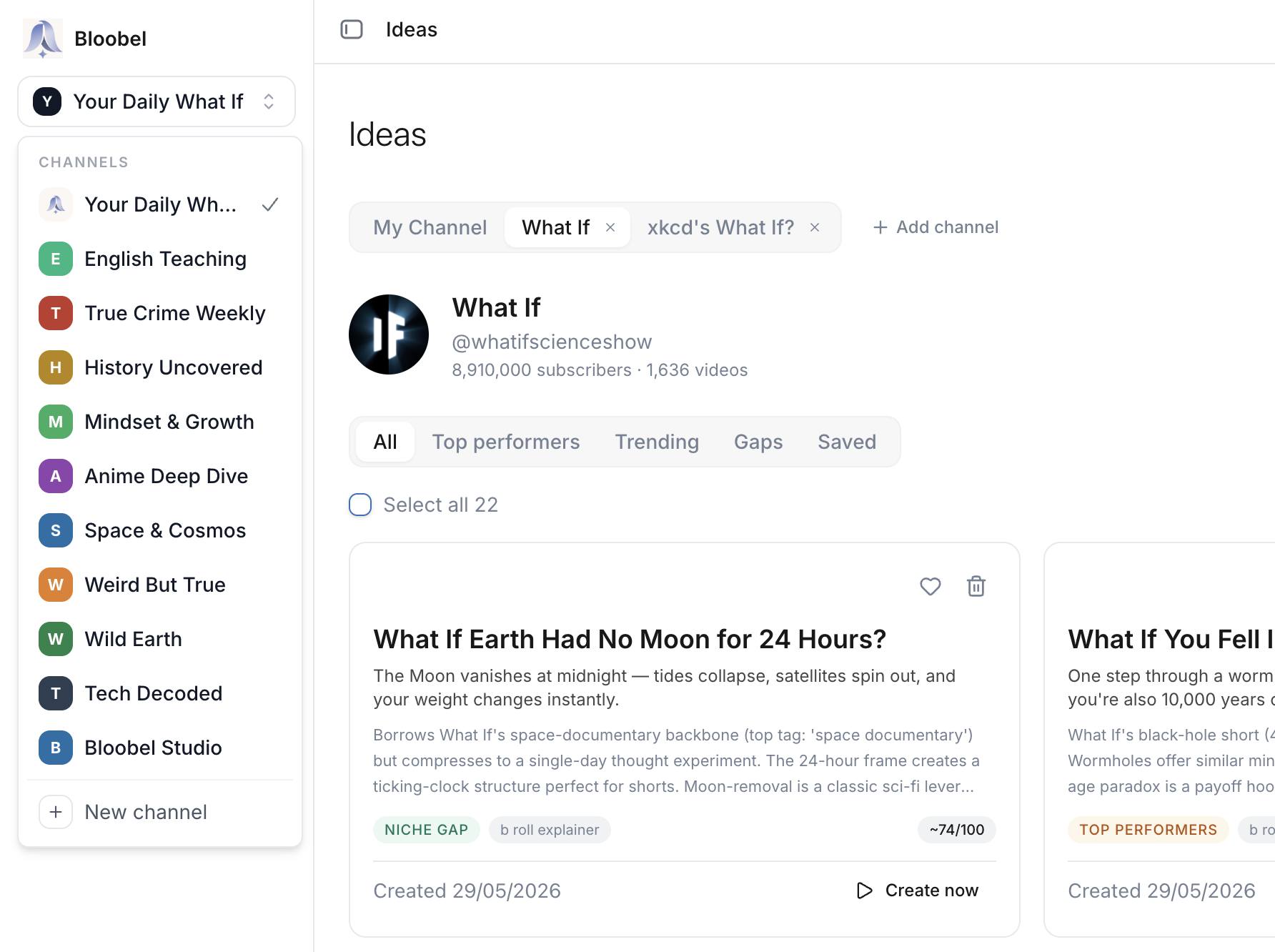 Multiple channels in the Bloobel workspace